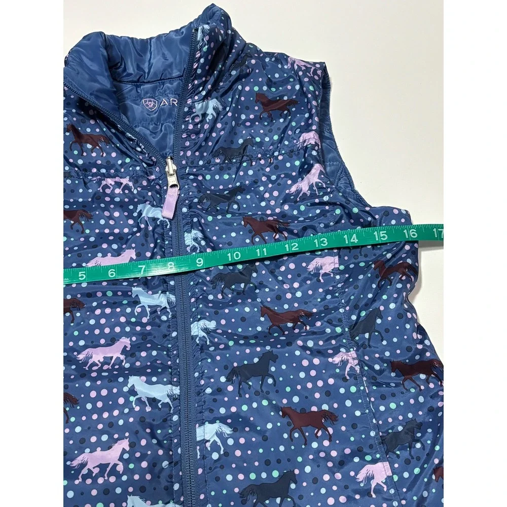 Ariat Reversible Puffer Vest Kids XL 14 Blue Horse Polka Dot Print Quilted Zip‎